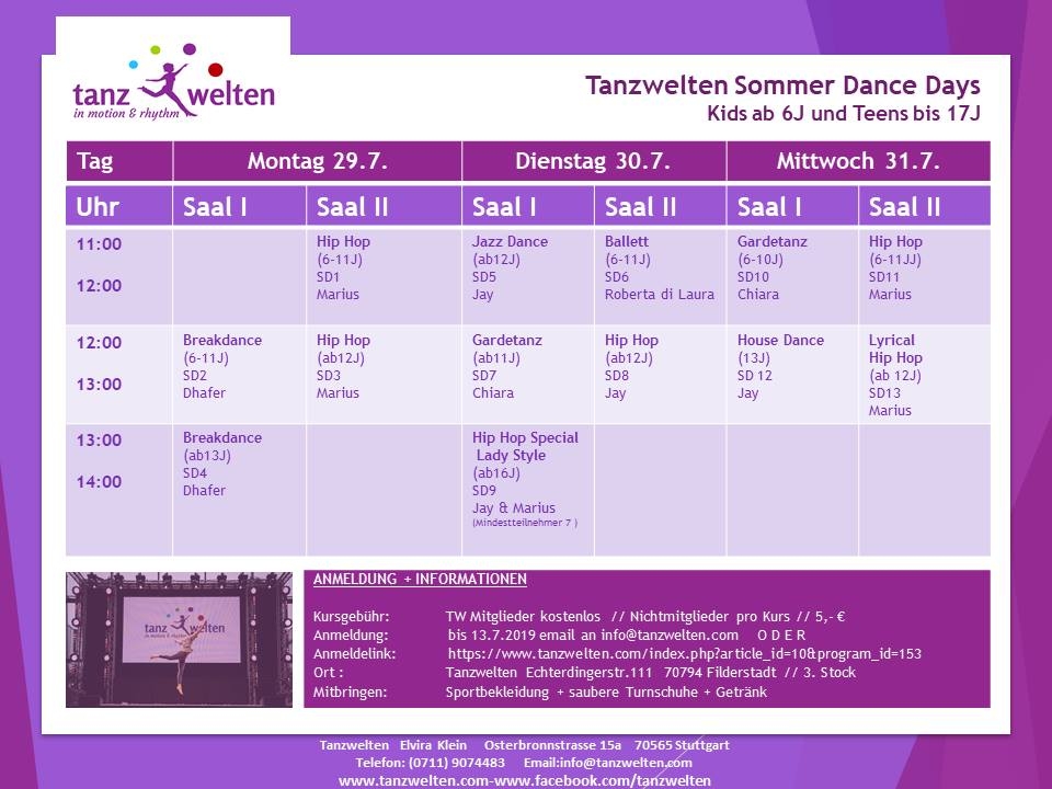 Tanzwelten Sommerferienprogramm 2019 poster